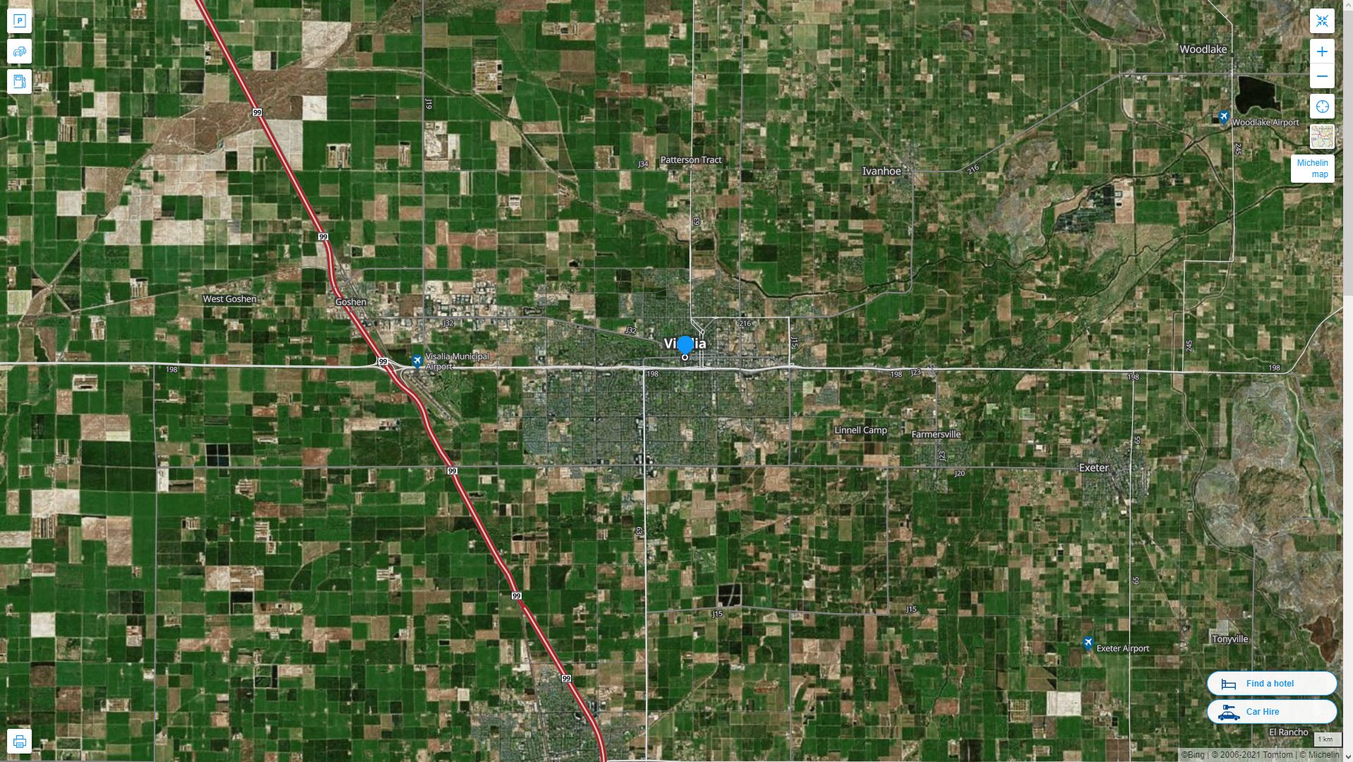 Visalia California Highway and Road Map with Satellite View
